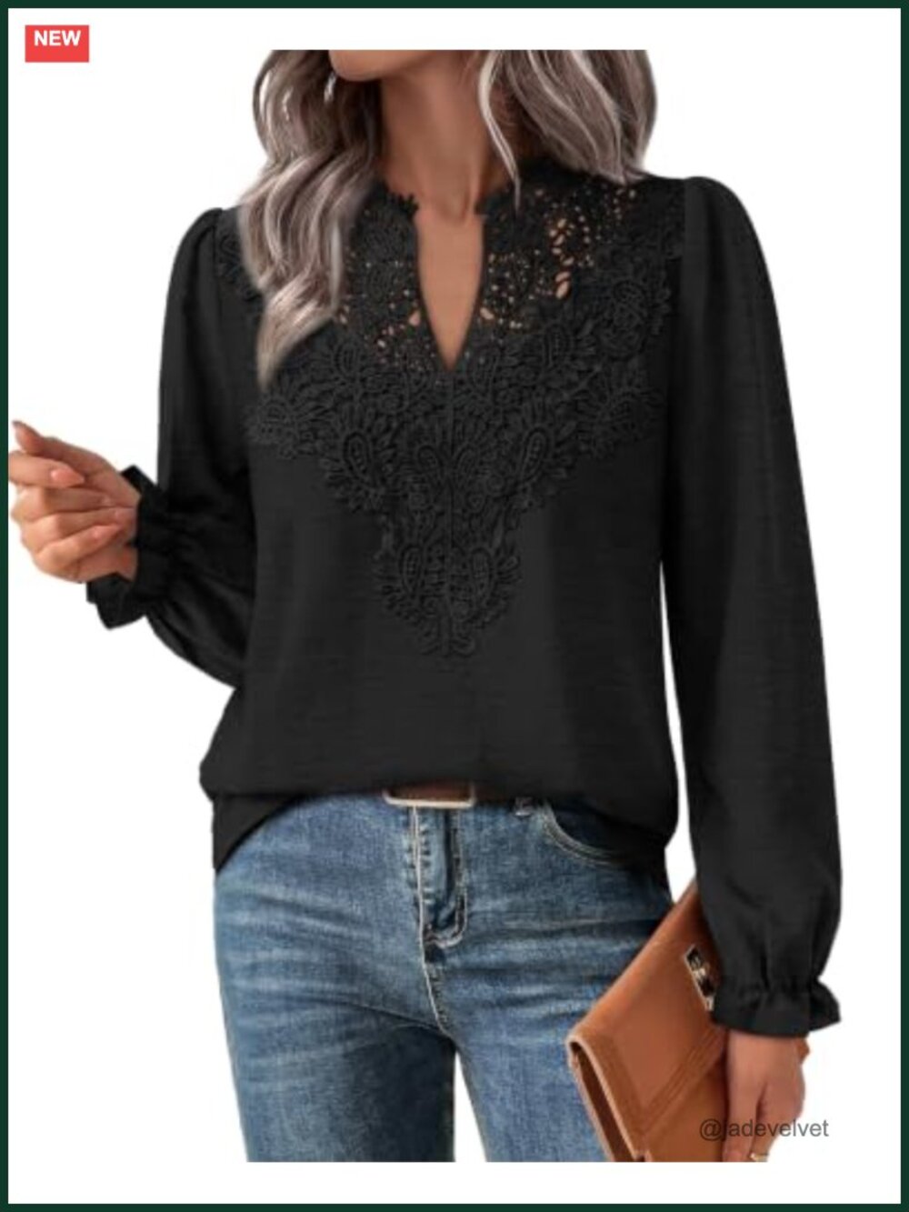 Boho V Neck Long Sleeve Lace Blouse with Ruffle Cuffs, Womens Relaxed Fit Top